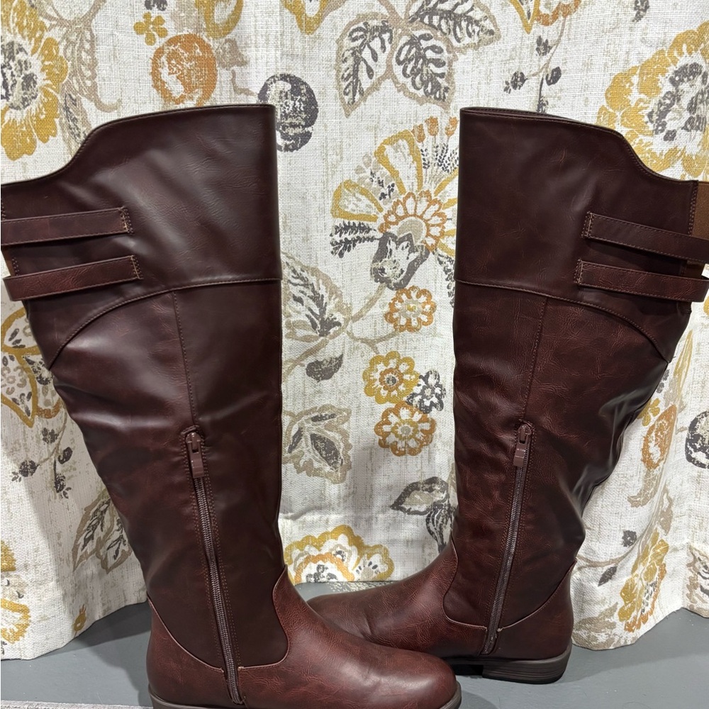 Journee Collection Brown Knee High Wide Calf Stacked Boots